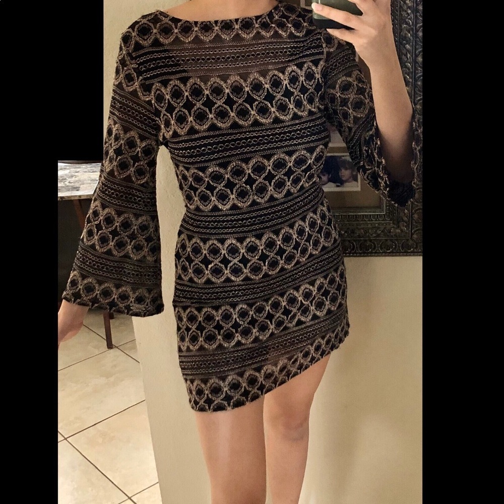 Black gold festive dress with flare bell sleeves